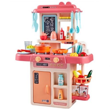 Интерактивная детская кухня, многофункциональный игрушечный гарнитур с музыкальными и световыми эффектами, имитацией пара, набором посуды и продуктами, 42 предмета, розовый