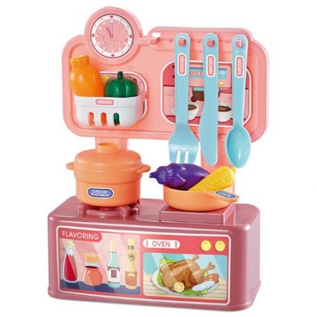 Интерактивная детская кухня, многофункциональный игрушечный гарнитур с набором посуды и продуктами, 24 см, розовый