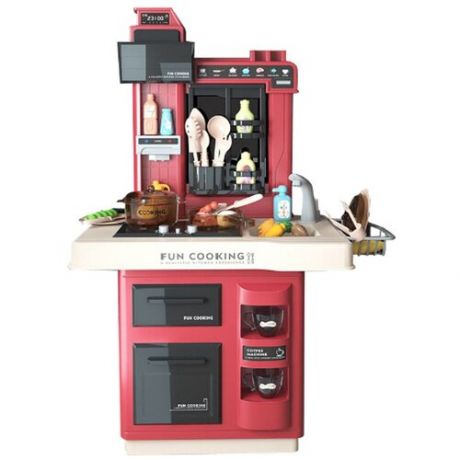 Многофункциональный игрушечный кухонный гарнитур, с водой, светом и звуком, посудой и продуктами, 65см, 35 предметов, красный
