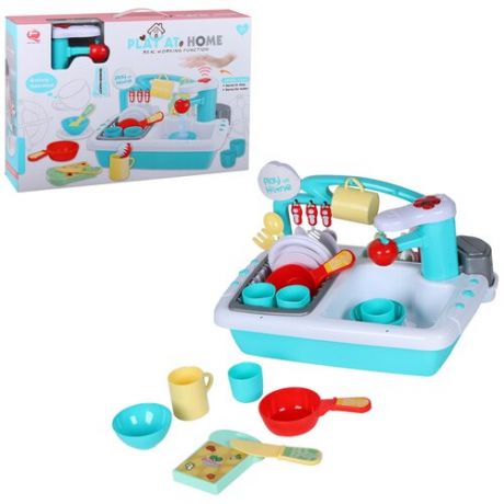 Кухня детская игровая, раковина с водой, игрушечная посуда, столовые приборы, для девочек, для игры в хозяйку, голубой, JB0209149