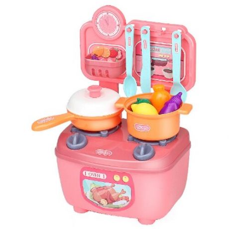 Интерактивная детская кухня, многофункциональный игрушечный гарнитур с набором посуды и продуктами, 28см, розовая