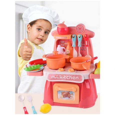 Интерактивная детская кухня, многофункциональный игрушечный гарнитур с набором посуды и продуктами, 30см, 26 предметов, синий