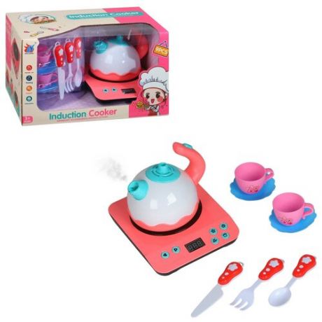 Игровой набор игрушечный чайник и плита, игрушечная посуда, для ролевых игр, обучающая игрушка, свет, звук, юной хозяйке, для девочек, цвет белый