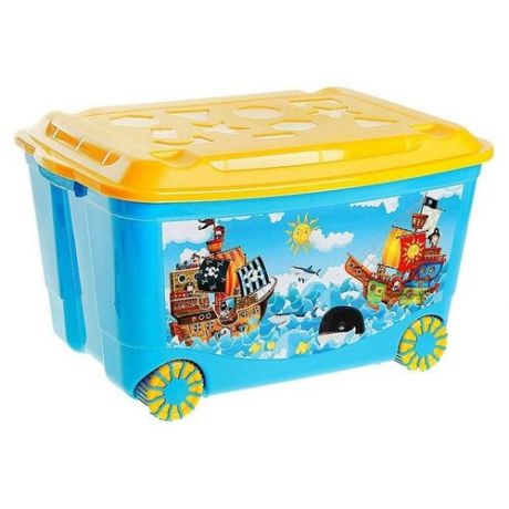 Пластишка Ящик для игрушек на колёсах с аппликацией, цвет голубой