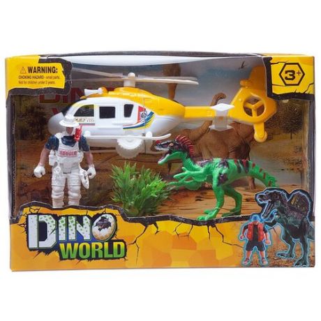 Игровой набор Junfa "Мир динозавров" (динозавр, вертолет, фигурка человека, акссесуары)