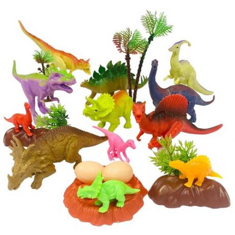 Игровой набор, Динозавры, 12 штук, с аксессуарами, взрослые и детёныши, набор животных.