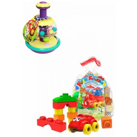 Детский развивающий набор/ игрушки для малышей/ Конструктор Кноп-Кнопыч 36 деталей + Юла Юлька пастельные цвета, Биплант