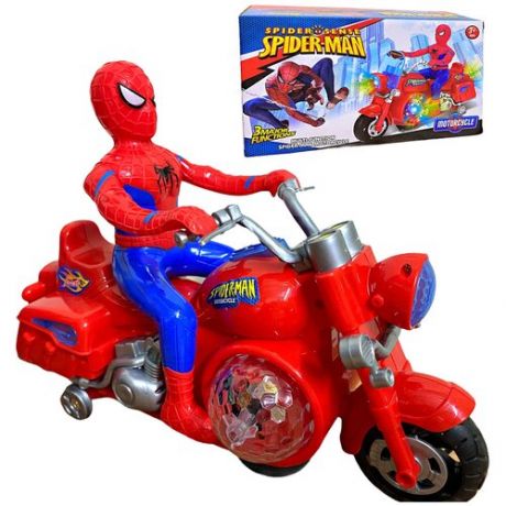 Игрушка музыкальная - Человек паук на мотоцикле (Spiderman) - 23 см - светится, ездит, издает звук, делает скоростные маневры