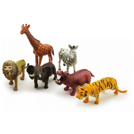 Набор больших диких животных (22 см), 6 шт жираф, зебра, слон, лев, тигр, бегемот