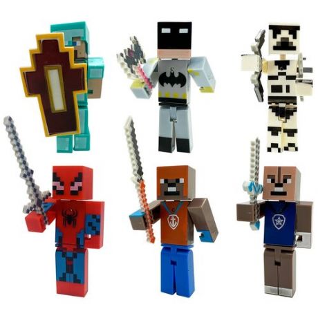 Фигурки супергероев с оружием 6 штук в стиле Minecraft (10 см) с LED-подсветкой