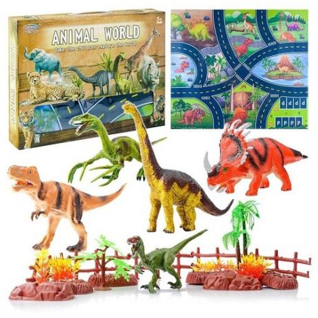 Набор динозавров Oubaoloon 5 шт, игровое поле, забор, элементы ландшафта, в коробке (BY168-333)