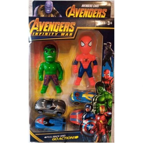 Супергерои 2 фигурки и 4 машинки Супергерои Халк Капитан Америка Человек паук Железный человек Танос Бетмен фигурка