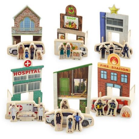 Игровой набор Город (полиция, госпиталь, пожарные, магазин, жители) / развивающая игрушка / фигурка деревянная / игра-панорама для детей / Ulanik