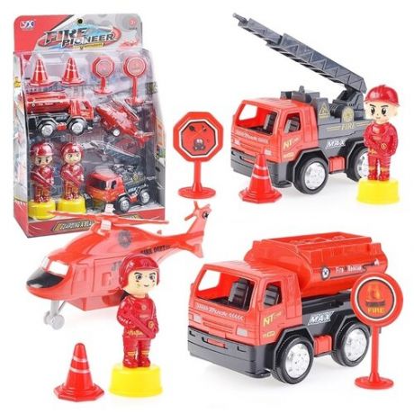 Пожарный набор Oubaoloon "Пожарная служба", 2 машины, вертолет, 2 фигурки пожарных, дорожные знаки, в коробке (988L)