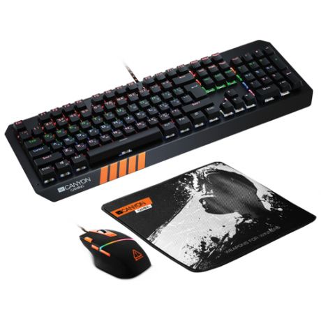 Игровой набор Canyon 3in1 Gaming set Keyboard with rainbow LED(104 keys), Mouse with RGB(DPI 800/1600/3200/4200), Mouse Mat with size 350*250*3mm black RU 1.3кг 1CN-DSGS02RU