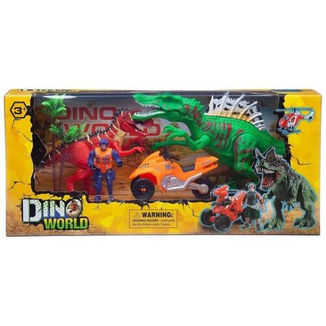 Игровой набор Junfa "Мир динозавров" (2 больших динозавра, маленький динозавр, 2 фигурки человека, лодка, акссесуары)
