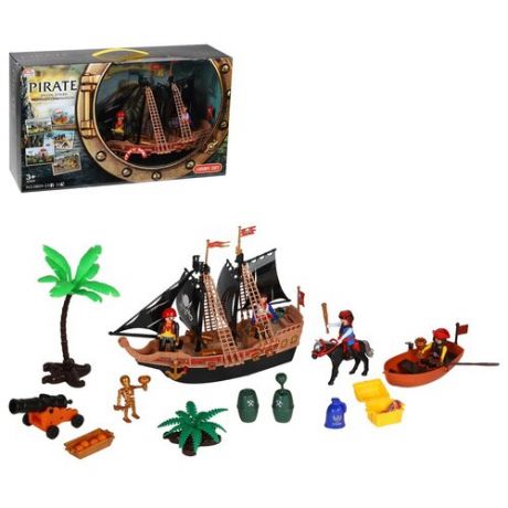 Набор детский игровой "Пираты" на батарейках, корабль, 4 пирата, шлюпка, сундук с сокровищами, со светом и звуком, в/к 49*9*26 см
