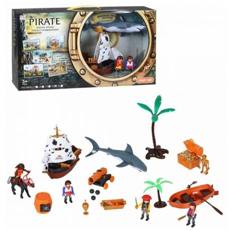 Набор детский игровой "Пиратский корабль" с фигурками пиратов и акулой, аксессуары, для детей, для мальчиков, цвет серый, в/к 49,7*9*26 см