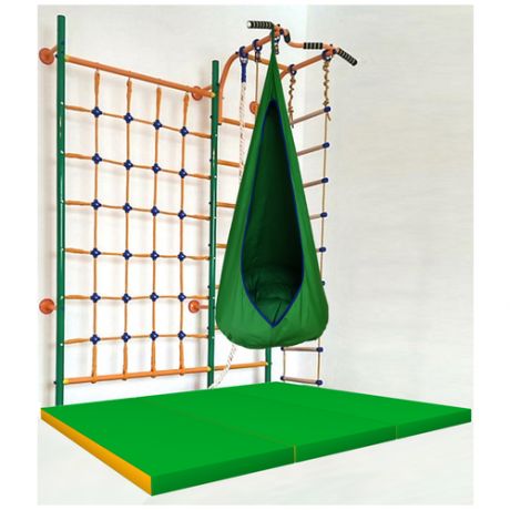 Комплект ДСК Пристенный PLUS New с широкой сеткой для лазания металлические ступени Веселый Непоседа Зеленый, мат 1,5м зеленый, гамак-капля зеленый