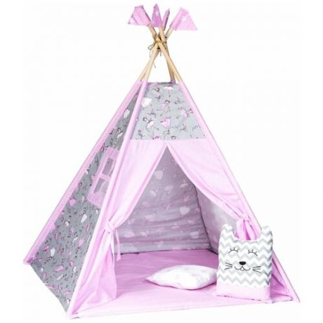 Детский Вигвам/палатка/домик с ковриком, окошком, подушкой-игрушкой, подушкой, флажки и системой антискладывания "Балеринки