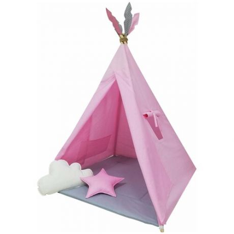 Детский Хлопковый Вигвам Russia Eco Store / Игровой домик для детей / Хлопковая палатка розового цвета / Шалаш с ковриком и подушками в комплекте