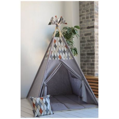 Детская игровая палатка вигвам льняной серый с ромбами