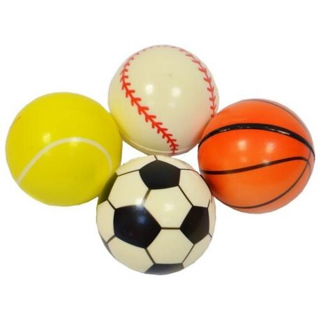 Мячики детские, набор мячей из 4 штук, мягкие спортивные мячи, футбол, баскетбол, бейсбол, волейбол, диаметр - 7 см.