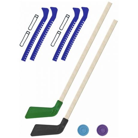 Набор зимний: 2 Клюшки хоккейных зелёная и чёрная 80 см.+2 шайбы + Чехлы для коньков фиолетовые - 2 шт. Винтер