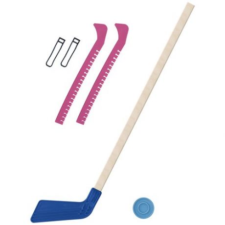 Клюшка и чехлы Набор зимний Клюшка хоккейная синяя 80 см.+шайба + Чехлы для коньков розовые Винтер