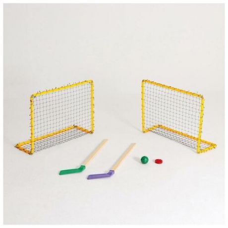 Хоккейный набор: 2 клюшки, 2 ворот с сеткой, шайба, мячик, в коробке, микс