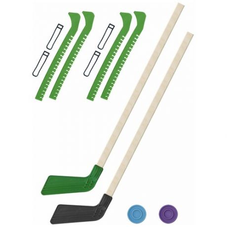 Набор зимний: 2 Клюшки хоккейных зелёная и чёрная 80 см.+2 шайбы + Чехлы для коньков зеленые - 2 шт. Винтер