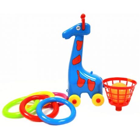 Игрушка кольцеброс - каталка, кольцеброс жираф кольца, корзинка, шарик, размер игрушки - 11,5 х 12,5 х 32 см.