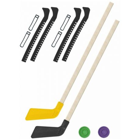 Набор зимний: 2 Клюшки хоккейных жёлтая и чёрная 80 см.+2 шайбы + Чехлы для коньков фиолетовые - 2 шт. Винтер