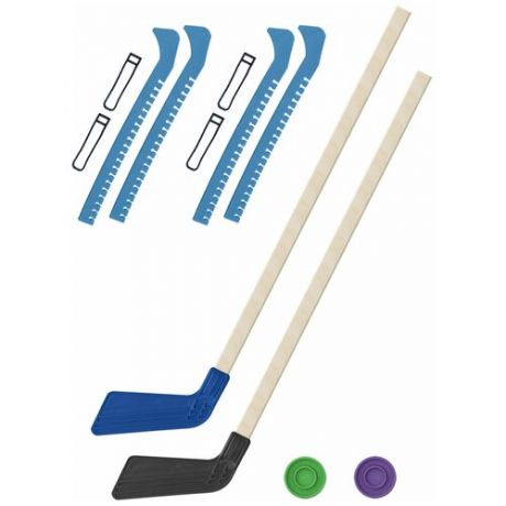 Набор зимний: 2 Клюшки хоккейных синяя и чёрная 80 см.+2 шайбы + Чехлы для коньков желтые - 2 шт. Винтер