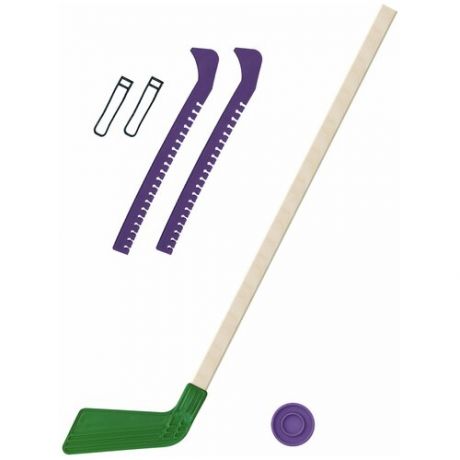 Клюшка и чехлы Набор зимний Клюшка хоккейная зелёная 80 см.+шайба + Чехлы для коньков розовые Задира Плюс