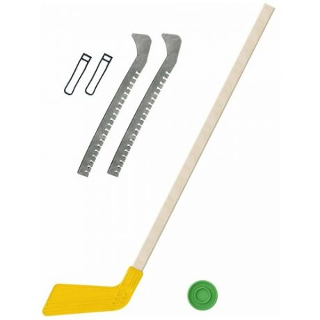 Набор зимний: Клюшка хоккейная жёлтая 80 см.+шайба + Чехлы для коньков фиолетовые, Задира-плюс