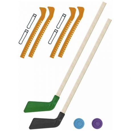 Набор зимний: 2 Клюшки хоккейных зелёная и чёрная 80 см.+2 шайбы + Чехлы для коньков желтые - 2 шт. Винтер