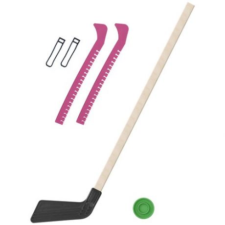Клюшка и чехлы Набор зимний Клюшка хоккейная чёрная 80 см.+шайба + Чехлы для коньков розовые