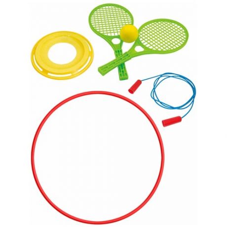 Активные игры для детей 4в1/ Летающий диск + Набор для тенниса + Скакалка спортивная + Обруч 80 см голубой