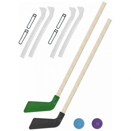 Набор зимний: 2 Клюшки хоккейных зелёная и чёрная 80 см.+2 шайбы + Чехлы для коньков белые - 2 шт. Винтер