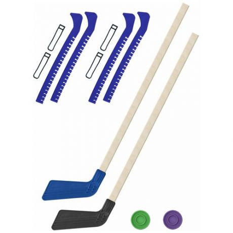Набор зимний: 2 Клюшки хоккейных синяя и чёрная 80 см.+2 шайбы + Чехлы для коньков синие - 2 шт. Винтер