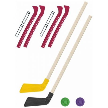 Набор зимний: 2 Клюшки хоккейных жёлтая и чёрная 80 см.+2 шайбы + Чехлы для коньков красные - 2 шт. Винтер