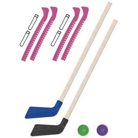 Клюшка и чехлы 2 Клюшки хоккейных зелёная и чёрная 80 см.+2 шайбы + Чехлы для коньков розовые - 2 шт.