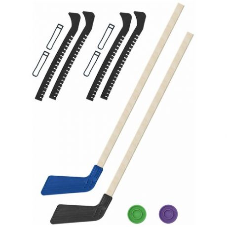 Набор зимний: 2 Клюшки хоккейных синяя и чёрная 80 см.+2 шайбы + Чехлы для коньков черные - 2 шт. Винтер
