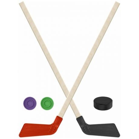 Набор зимний: 2 Клюшки хоккейных красная и чёрная 80 см.+2 шайбы + Шайба хоккейная 75 мм Задира-плюс