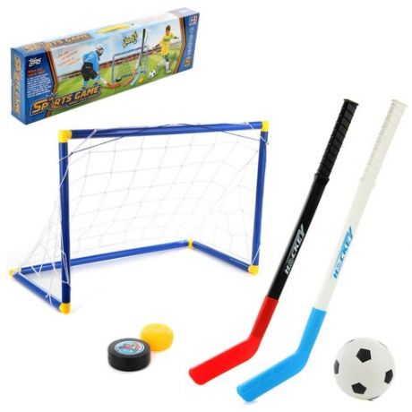 Набор 2 в 1 для игры в хоккей и футбол / футбольные ворота с мячом / хоккейные клюшки с шайбами / мяч с насосом