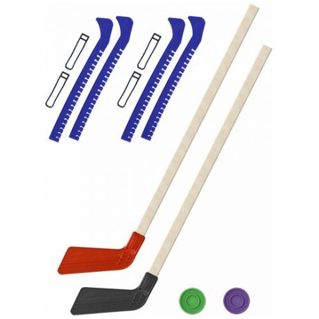 Набор зимний: 2 Клюшки хоккейных красная и чёрная 80 см.+2 шайбы + Чехлы для коньков оранжевые - 2 шт. Винтер