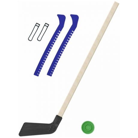 Набор зимний: Клюшка хоккейная чёрная 80 см.+шайба + Чехлы для коньков синие, Задира-плюс