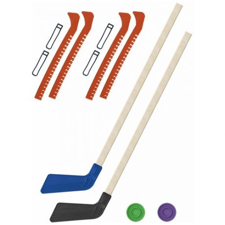 Набор зимний: 2 Клюшки хоккейных синяя и чёрная 80 см.+2 шайбы + Чехлы для коньков оранжевые - 2 шт. Винтер