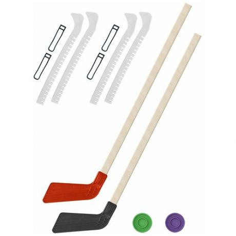 Набор зимний: 2 Клюшки хоккейных красная и чёрная 80 см.+2 шайбы + Чехлы для коньков желтые - 2 шт. Винтер